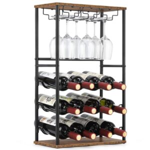 Wood Wine Rack, Countertop Wine Bar Rack, Wine Bar Cabinet with GlassBottle Holder, Metal and Wood Industrial Wine Cabinet for Home, Floor Liquor Wine Cabinet Storage, for Bar Kitchen Dining