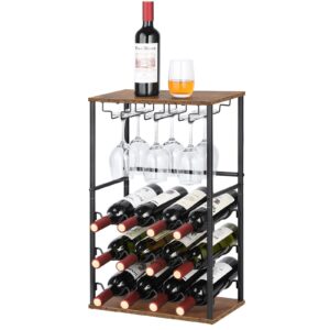 Wood Wine Rack, Countertop Wine Bar Rack, Wine Bar Cabinet with GlassBottle Holder, Metal and Wood Industrial Wine Cabinet for Home, Floor Liquor Wine Cabinet Storage, for Bar Kitchen Dining