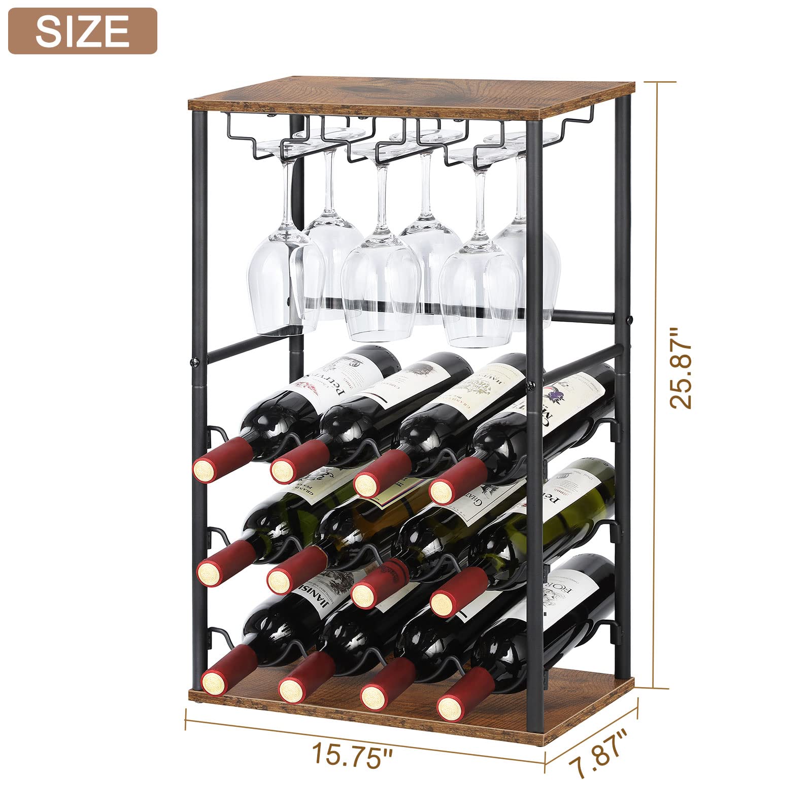 Wood Wine Rack, Countertop Wine Bar Rack, Wine Bar Cabinet with GlassBottle Holder, Metal and Wood Industrial Wine Cabinet for Home, Floor Liquor Wine Cabinet Storage, for Bar Kitchen Dining