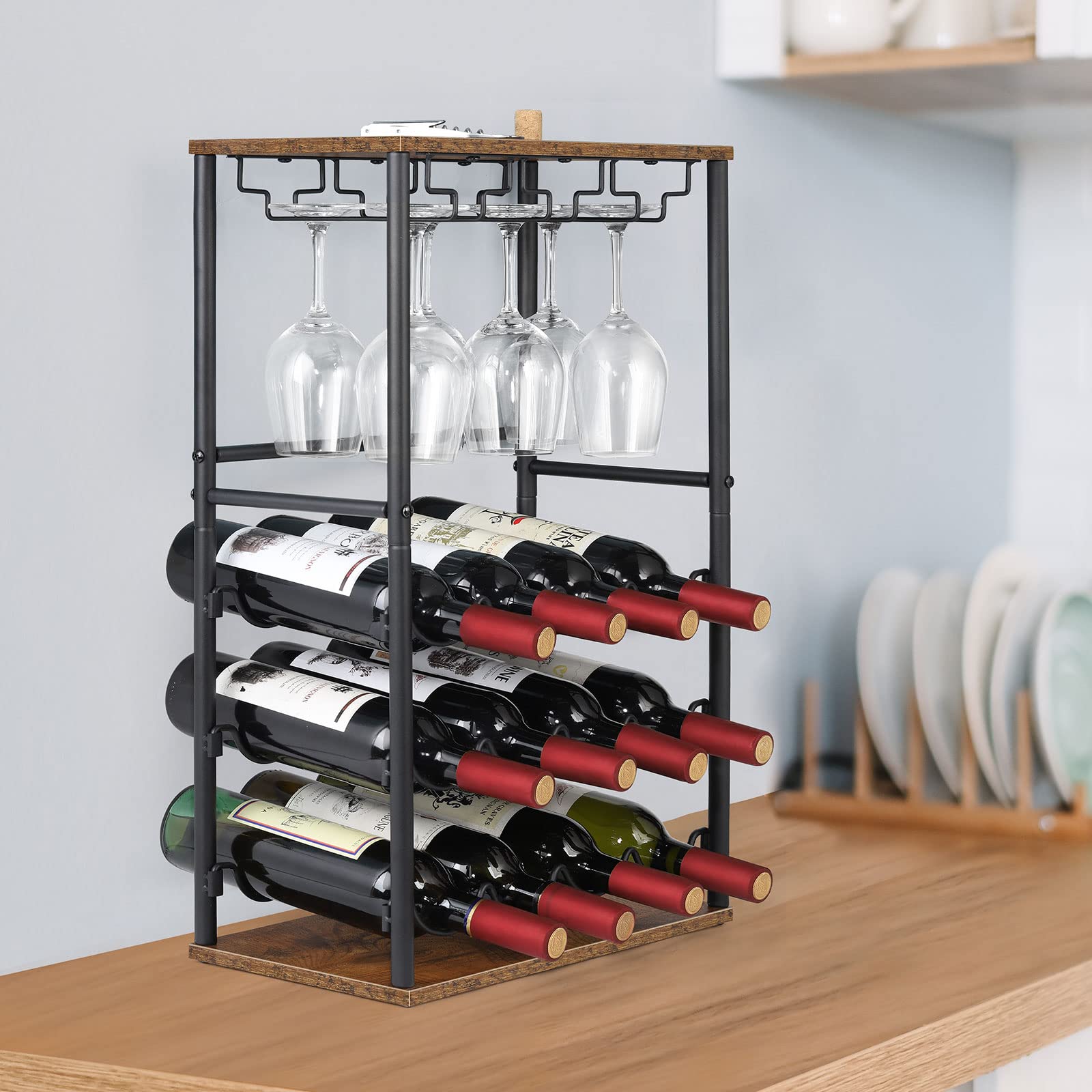 Wood Wine Rack, Countertop Wine Bar Rack, Wine Bar Cabinet with GlassBottle Holder, Metal and Wood Industrial Wine Cabinet for Home, Floor Liquor Wine Cabinet Storage, for Bar Kitchen Dining