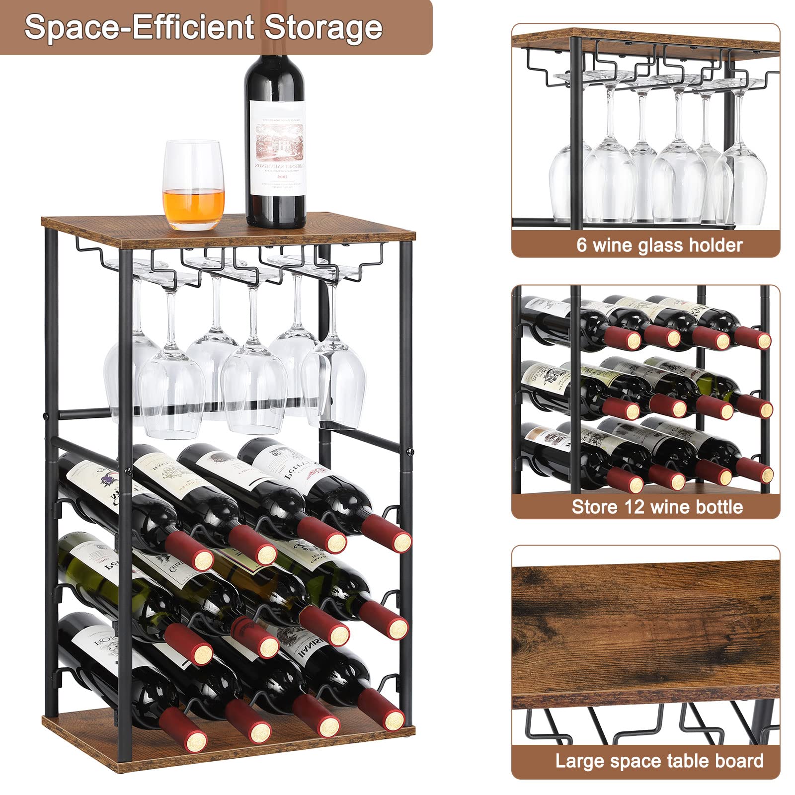 Wood Wine Rack, Countertop Wine Bar Rack, Wine Bar Cabinet with GlassBottle Holder, Metal and Wood Industrial Wine Cabinet for Home, Floor Liquor Wine Cabinet Storage, for Bar Kitchen Dining