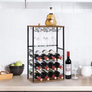 Wood Wine Rack, Countertop Wine Bar Rack, Wine Bar Cabinet with GlassBottle Holder, Metal and Wood Industrial Wine Cabinet for Home, Floor Liquor Wine Cabinet Storage, for Bar Kitchen Dining