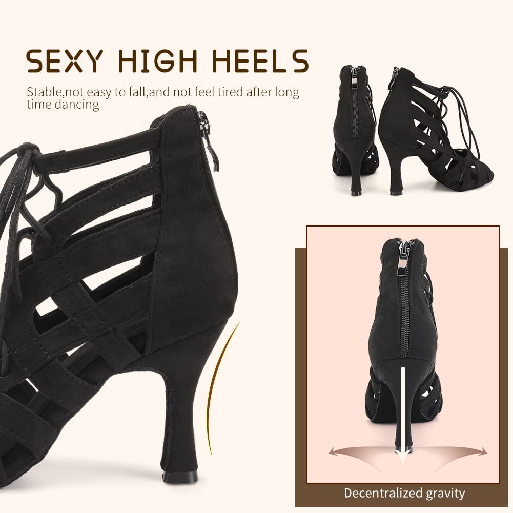 SWDZM Women's Ballroom Latin Salsa Dance Shoes Lace-up Open-toe Dance Boots,7208,Black,Heel 3 1/3",suede sole,US 7
