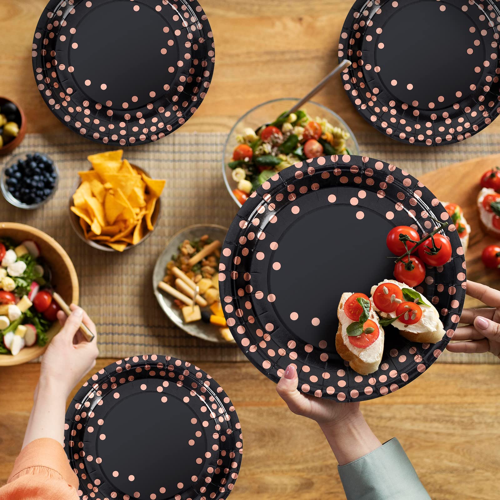 CENLBJ Black & Rose Gold Dots Party Paper Plates, 50 PCS Disposable Party Supplies Dessert Paper Plates for Birthday Party Wedding Graduation Party Supplies (7 inches)