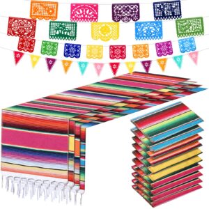 10 pack 14 x 84 in mexican serape table runners, 29 pcs papel picado banner, fiesta hanging banner and pennant flag banner colorful bunting banner for mexican theme party (rose, blue, orange, yellow)