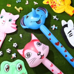 24 Pcs PVC Inflatables Toys Animals Stick with Sound Jungle Safari Animal Balloons Frog Tiger Cow Giraffe Panda Inflatable Hammer Blow up Toys for Animal Theme Birthday Party Favors Decorations