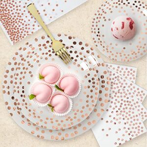 CENLBJ Disposable Paper Plates 100 Pack-White and Rose Gold Paper Plates 50x9&Gold Dot Napkins 50x6.5,Paper Plates and Napkins Party Supplies for Weddings,Birthdays,Bridal Parties,All Occasions