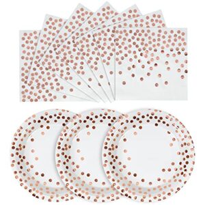 cenlbj disposable paper plates 100 pack-white and rose gold paper plates 50x9&gold dot napkins 50x6.5,paper plates and napkins party supplies for weddings,birthdays,bridal parties,all occasions