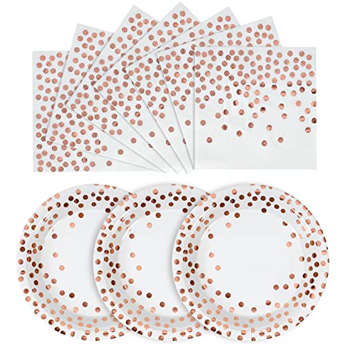 CENLBJ Disposable Paper Plates 100 Pack-White and Rose Gold Paper Plates 50x9&Gold Dot Napkins 50x6.5,Paper Plates and Napkins Party Supplies for Weddings,Birthdays,Bridal Parties,All Occasions