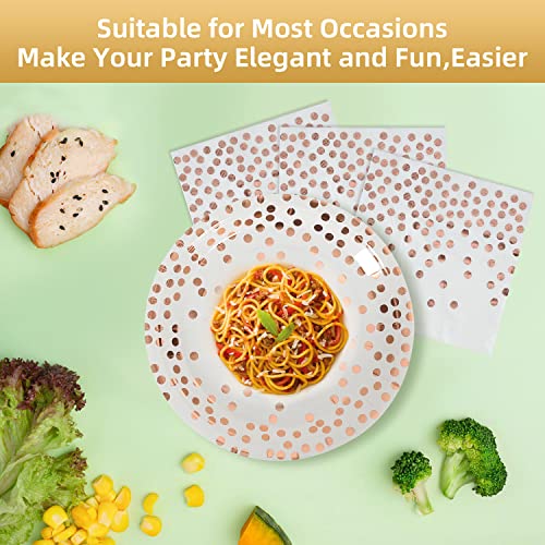 CENLBJ Disposable Paper Plates 100 Pack-White and Rose Gold Paper Plates 50x9&Gold Dot Napkins 50x6.5,Paper Plates and Napkins Party Supplies for Weddings,Birthdays,Bridal Parties,All Occasions