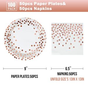 CENLBJ Disposable Paper Plates 100 Pack-White and Rose Gold Paper Plates 50x9&Gold Dot Napkins 50x6.5,Paper Plates and Napkins Party Supplies for Weddings,Birthdays,Bridal Parties,All Occasions