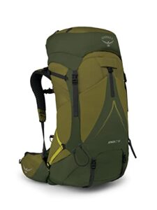 osprey atmos ag lt 65l men's backpacking backpack, scenic valley/green peppercorn, small/medium