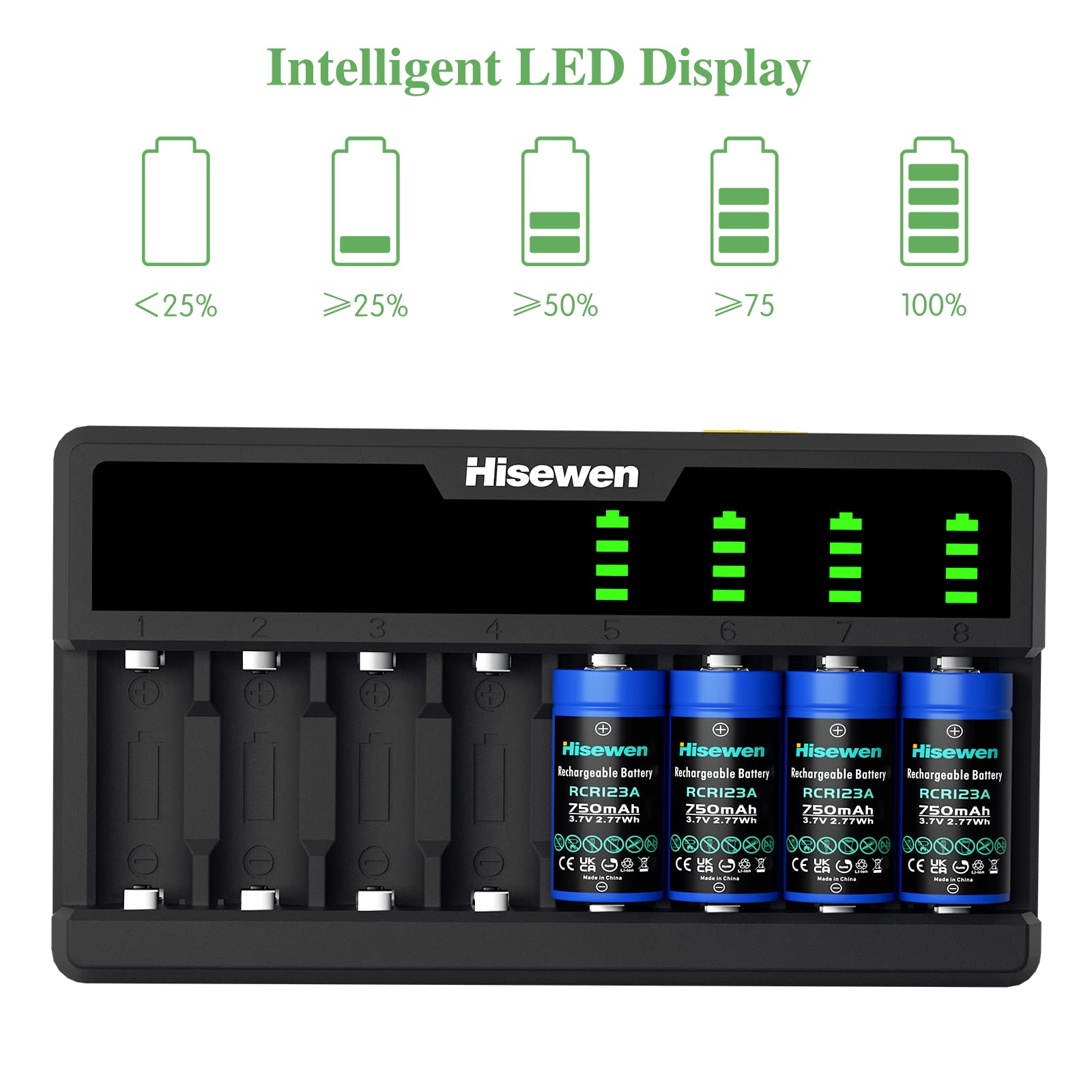 Hisewen 8 Pack CR123A Lithium Batteries, 3.7V 750mAh 123a Rechargeable Batteries with Charger for Arlo Camera VMC3030 VMK3200 VMS3230/3330/3430/3530 & Flashlights & Headlamp