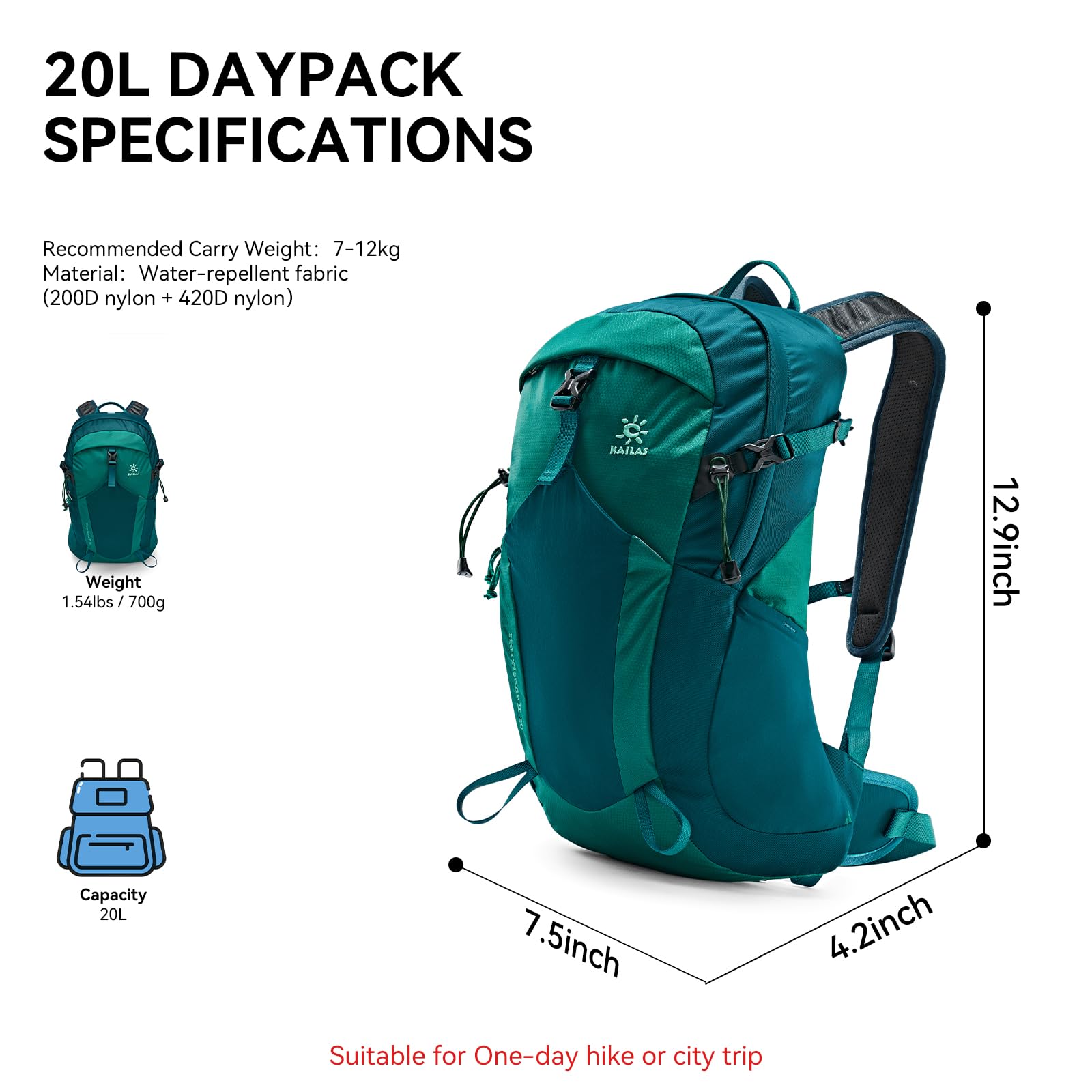 KAILAS Hurricane 20L Small Hiking Backpack Lightweight Daypack for Women Men Travelling Camping Outdoor Trekking Sea Green