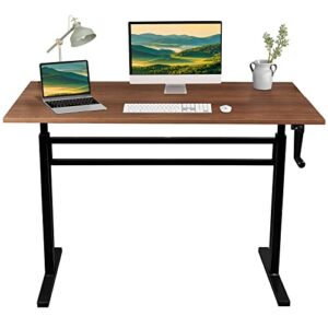 ergo comfy manual height adjustable standing desk, 48 x 24 inch hand crank standing desk with one-piece table top, sit stand up rising desk, home office computer workstation, walnut and black