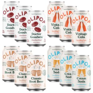 olipop - 4-flavor sparkling tonic retro greatest hits variety pack, prebiotic soda sampler, rich in botanicals, 9g of dietary plant fiber, vegan, low-sugar, low-calorie, non-gmo (12oz, 12-pack)