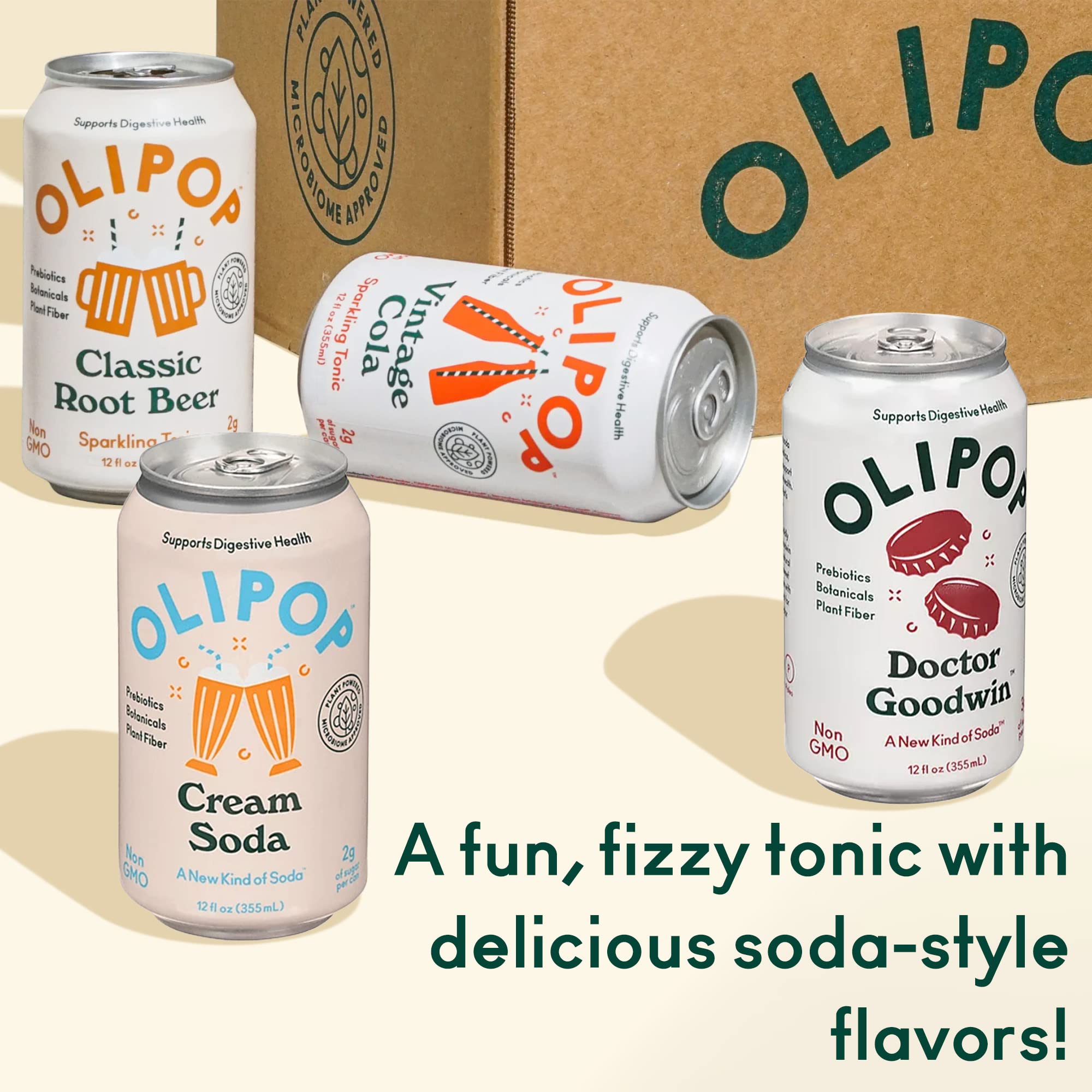 OLIPOP - 4-Flavor Sparkling Tonic Retro Greatest Hits Variety Pack, Prebiotic Soda Sampler, Rich in Botanicals, 9g of Dietary Plant Fiber, Vegan, Low-Sugar, Low-Calorie, Non-GMO (12oz, 12-Pack)