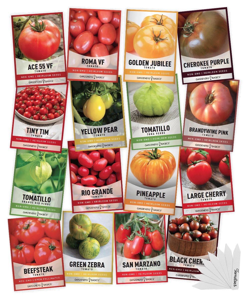 Gardeners Basics, Tomato Seeds for Planting 16 Variety Pack Heirloom Tomato Seeds, Tiny Tim, Cherry Tomato Seeds, Beefsteak Seeds, Roma Tomato Seeds, Determinate and Indeterminate and More, Non GMO