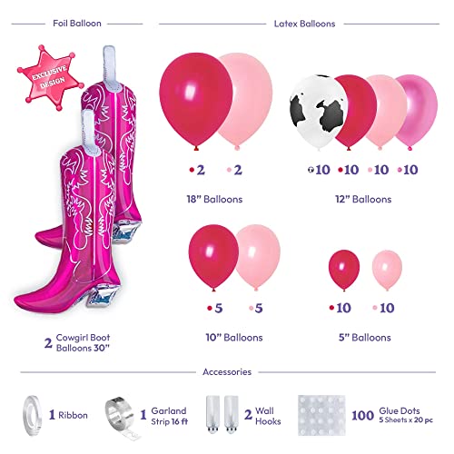 HOUSE OF PARTY Cowgirl Balloon Garland Kit Small Pack - Cowboy Boot Balloon - 18/12/10/5 Inch Hot Pink Light Pink Pearl Pink Cow Print Balloon Arch for Cowgirl Western Hoedown Party.