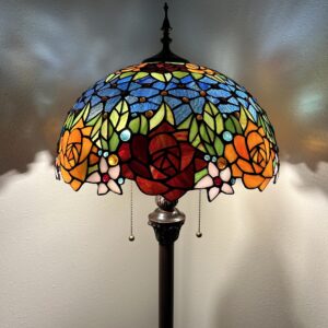 enjoy decor lamps Tiffany Floor Lamp Red Orange Blue Stained Glass Rose Flowers Included LED Bulbs for Living Room Bedroom Office Hotel H64*W16 in