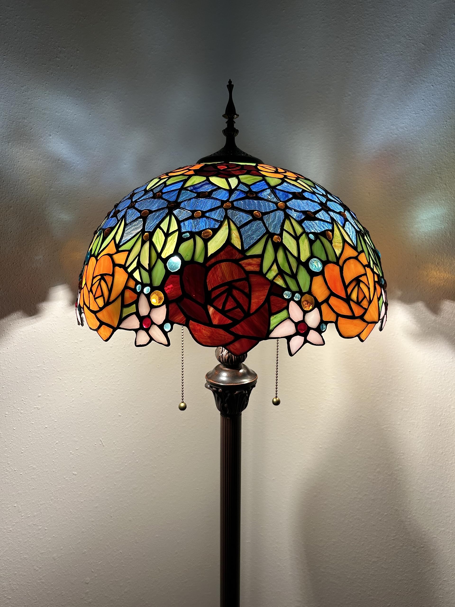 enjoy decor lamps Tiffany Floor Lamp Red Orange Blue Stained Glass Rose Flowers Included LED Bulbs for Living Room Bedroom Office Hotel H64*W16 in