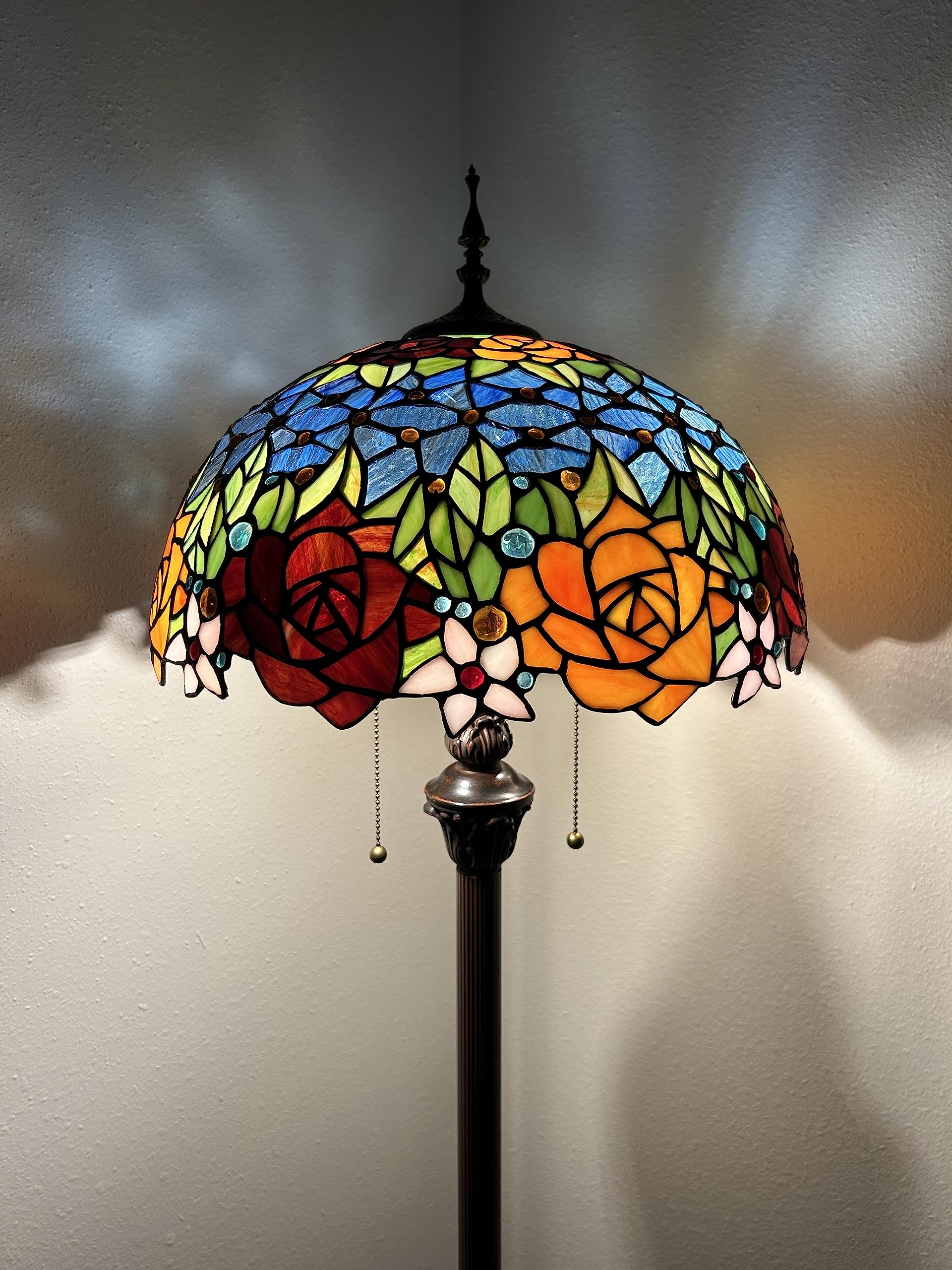 enjoy decor lamps Tiffany Floor Lamp Red Orange Blue Stained Glass Rose Flowers Included LED Bulbs for Living Room Bedroom Office Hotel H64*W16 in