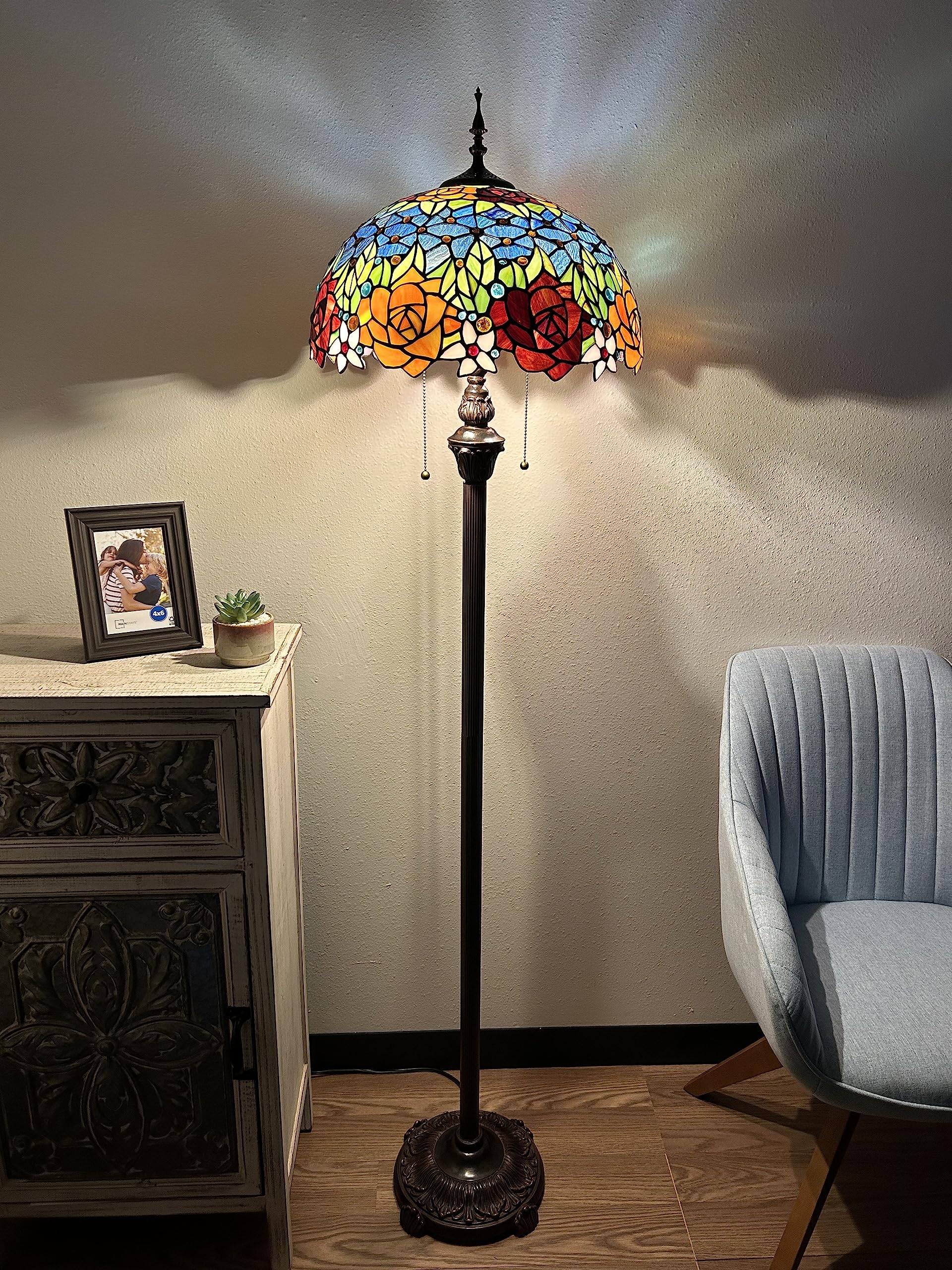 enjoy decor lamps Tiffany Floor Lamp Red Orange Blue Stained Glass Rose Flowers Included LED Bulbs for Living Room Bedroom Office Hotel H64*W16 in