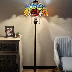 enjoy decor lamps Tiffany Floor Lamp Red Orange Blue Stained Glass Rose Flowers Included LED Bulbs for Living Room Bedroom Office Hotel H64*W16 in