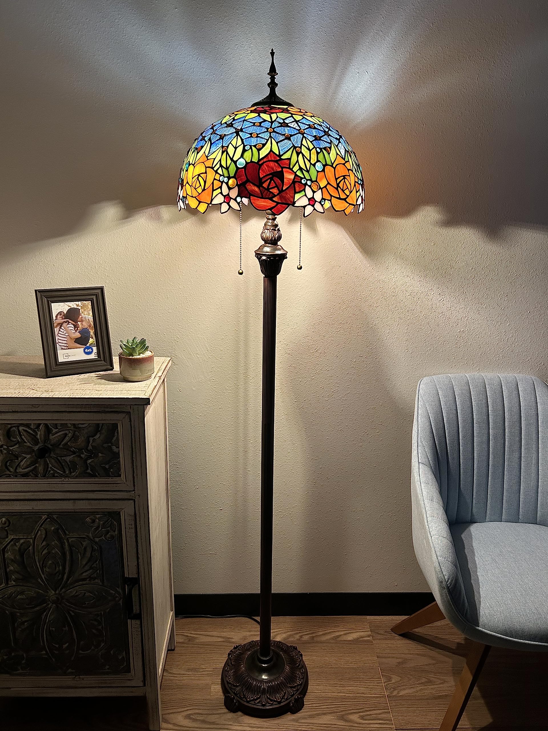 enjoy decor lamps Tiffany Floor Lamp Red Orange Blue Stained Glass Rose Flowers Included LED Bulbs for Living Room Bedroom Office Hotel H64*W16 in