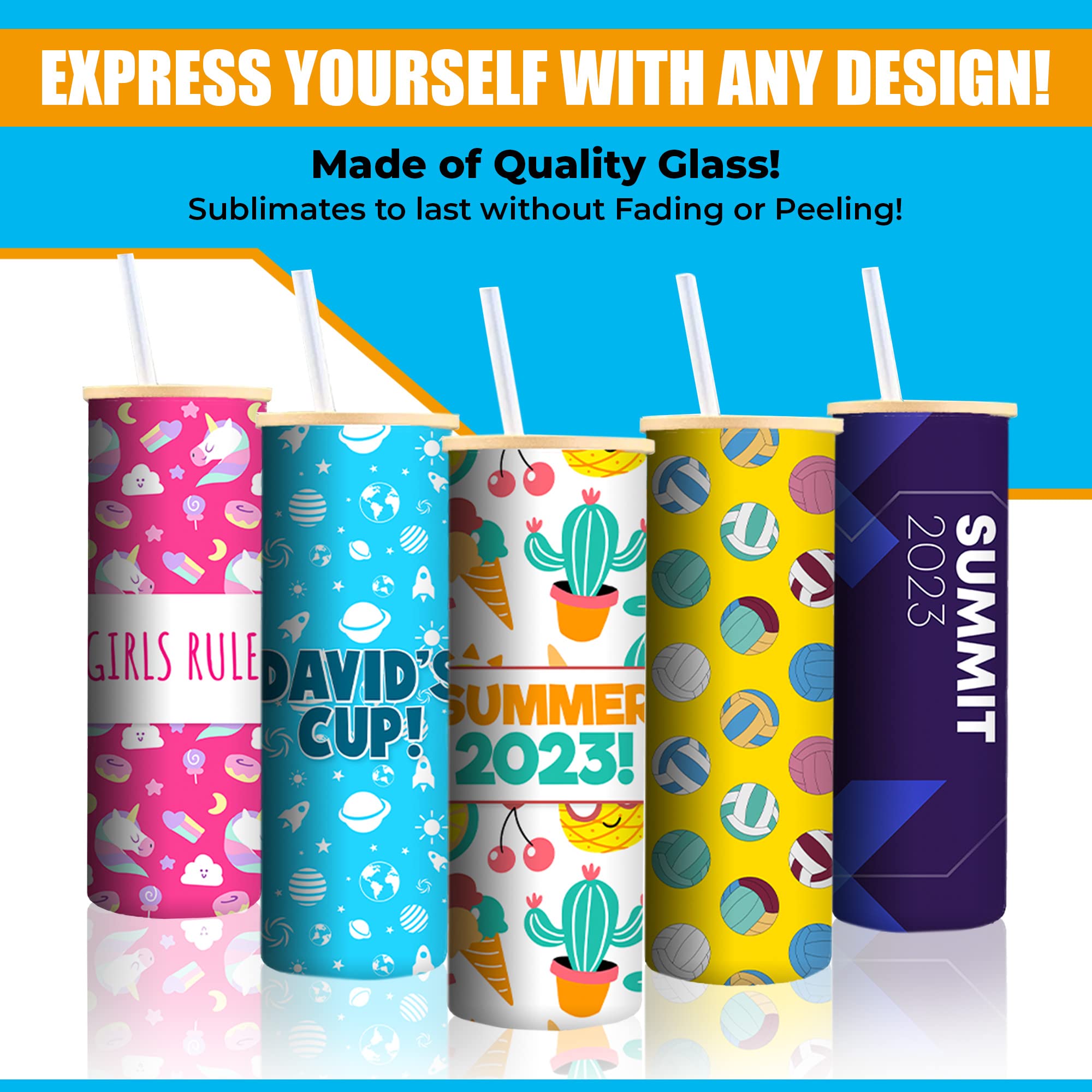 MHM Sublimation Glass Blank Tumbler Skinny Frosted 20oz and 25oz with Bamboo Lid and Straw (Frosted, 20oz)