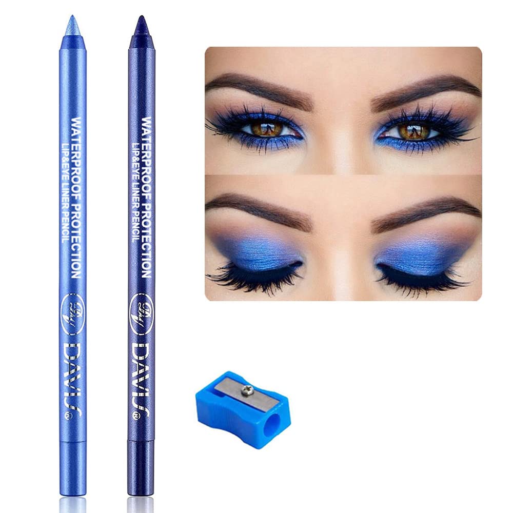 2Pcs Bright Blue Dark Blue Eyeliner Pen Set Bright Blue Dark Blue, Pearl Metallic Glitter Eyeliner Pencil Kit Eye Liners for Women Waterproof Professional Eye Makeup Eyeliner Eye Color E1