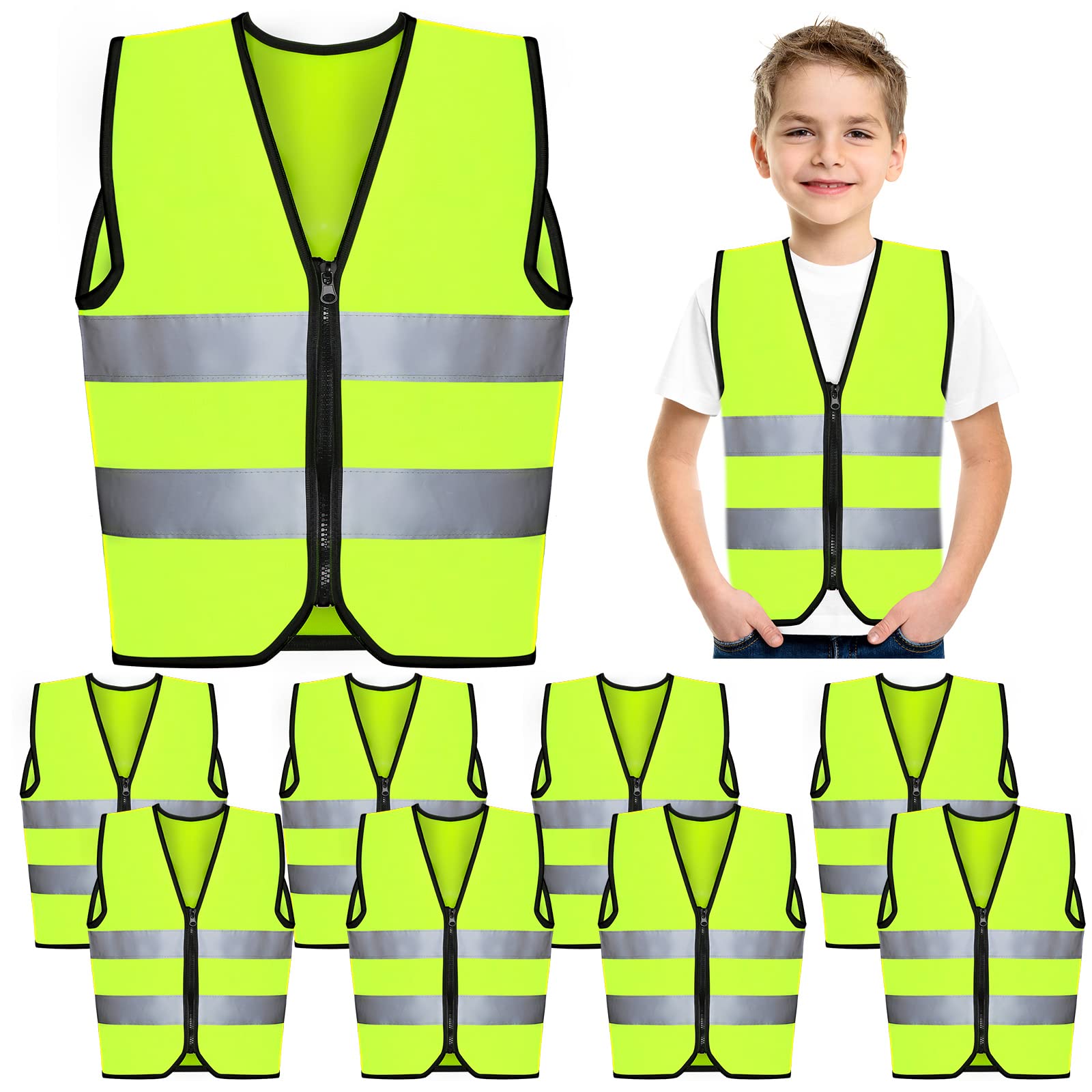 Unittype 10 Pcs Kids Safety Vest Bulk Construction Visibility Reflective Toddler Traffic Vest for Running Cycling Children(Fluorescent Green)