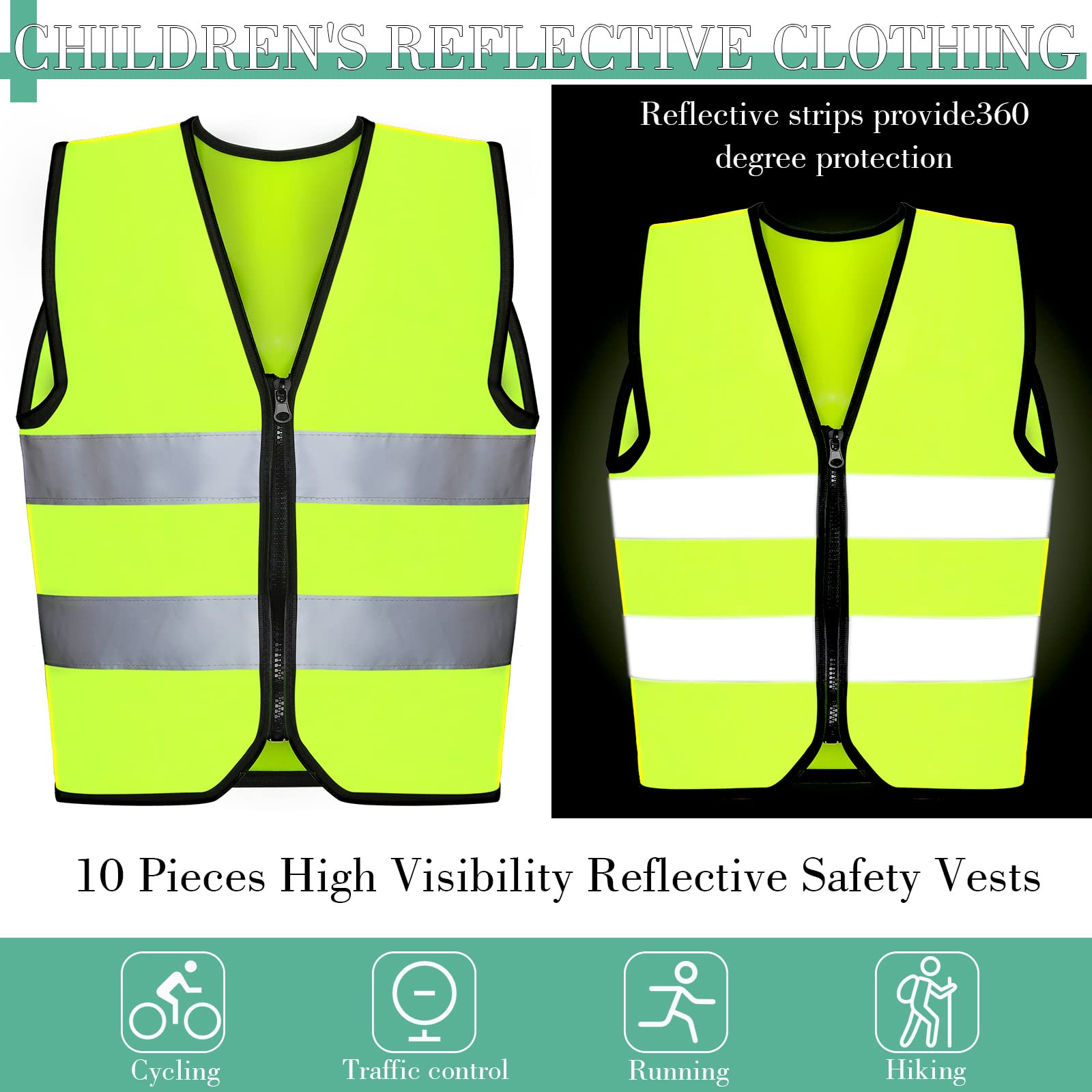 Unittype 10 Pcs Kids Safety Vest Bulk Construction Visibility Reflective Toddler Traffic Vest for Running Cycling Children(Fluorescent Green)