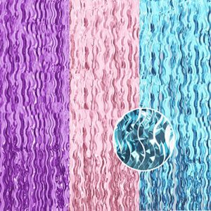 wavy tinsel foil fringe curtains 3 pack photo backdrop for mermaid birthday party decorations(3.2 ft x 6.6 ft,teal blue,pink,purple)