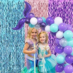 Wavy Tinsel Foil Fringe Curtains 3 Pack Photo Backdrop for Mermaid Birthday Party Decorations(3.2 ft x 6.6 ft,Teal Blue,Pink,Purple)