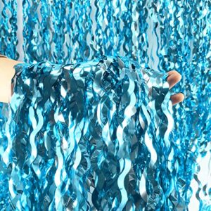 Wavy Tinsel Foil Fringe Curtains 3 Pack Photo Backdrop for Mermaid Birthday Party Decorations(3.2 ft x 6.6 ft,Teal Blue,Pink,Purple)