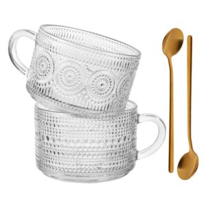 btgllas 400ml vintage coffee mugs with metal spoon glass coffee cup 13 oz set of 2 clear embossed glass cups engrave tea cups beverage,latte,anniversary, valentine,birthday,christmas (1setmug)