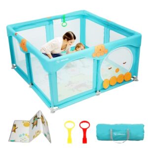addweet baby playpen for babies and toddlers, cartoon large play yard for baby with mat, safety playpen for baby, baby play area indoor & outdoor, octopus, 50”×50” (blue)