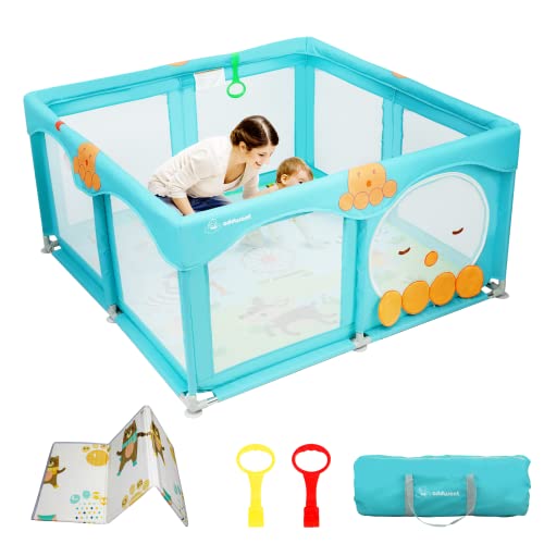 Addweet Baby Playpen for Babies and Toddlers, Cartoon Large Play Yard for Baby with Mat, Safety Playpen for Baby, Baby Play Area Indoor & Outdoor, Octopus, 50”×50” (Blue)