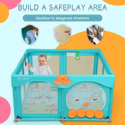 Addweet Baby Playpen for Babies and Toddlers, Cartoon Large Play Yard for Baby with Mat, Safety Playpen for Baby, Baby Play Area Indoor & Outdoor, Octopus, 50”×50” (Blue)