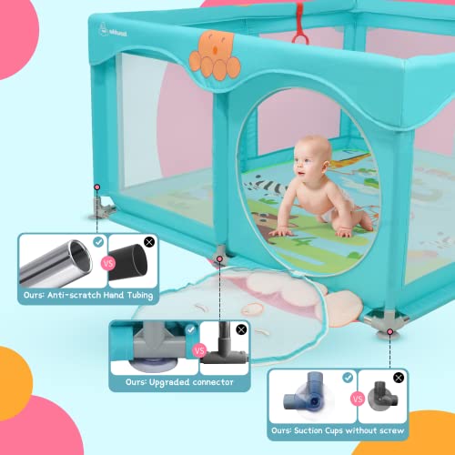 Addweet Baby Playpen for Babies and Toddlers, Cartoon Large Play Yard for Baby with Mat, Safety Playpen for Baby, Baby Play Area Indoor & Outdoor, Octopus, 50”×50” (Blue)