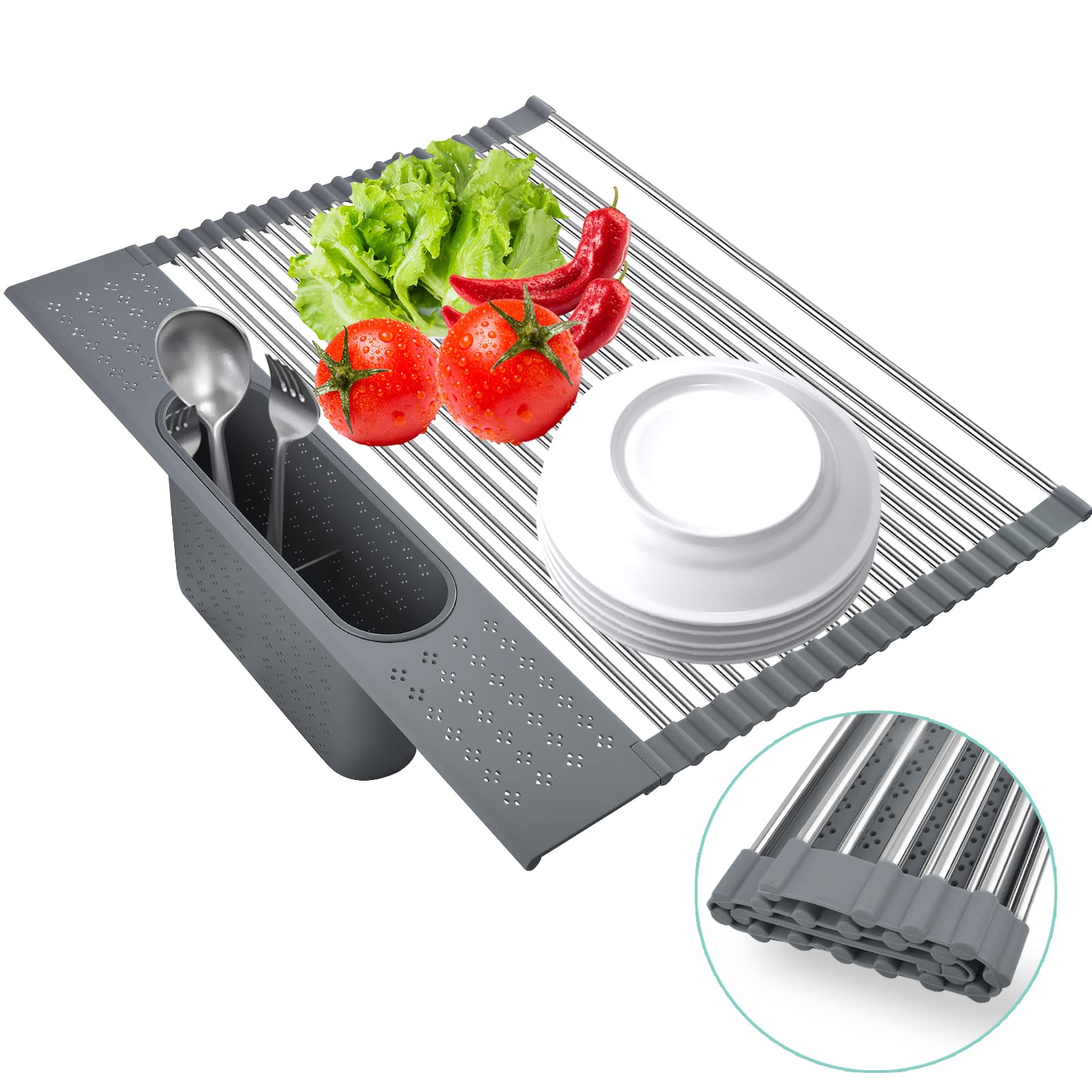 Techsea roll-up-Dish Drying Rack,Multipurpose Heat Resistant Over-The-Sink Dish Drying Rack, Stainless Steel Kitchen Sink Drying Rack (17.5" x 15.2")