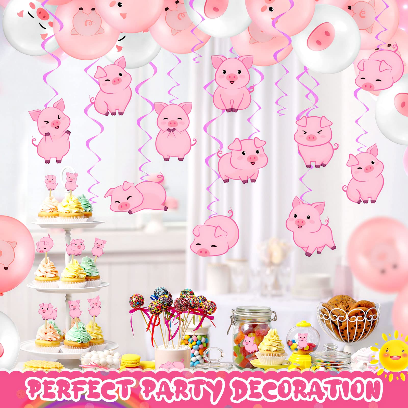 30 Pieces Pig Farm Animal Party Hanging Swirl Decorations Barnyard Theme Birthday Party Supplies Pink Piggy Hanging Foil Swirls Ceiling Decor for Girls Boys Kids Baby Shower Supplies