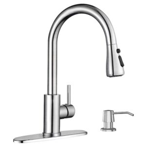 appaso kitchen faucets with soap dispenser, solid stainless steel kitchen faucet with pull down sprayer 3 modes, brushed nickel modern kitchen sink faucets with sprayer, high arch single handle faucet