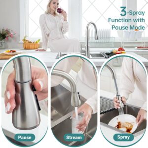 APPASO Kitchen Faucets with Soap Dispenser, Solid Stainless Steel Kitchen Faucet with Pull Down Sprayer 3 Modes, Brushed Nickel Modern Kitchen Sink Faucets with Sprayer, High Arch Single Handle Faucet