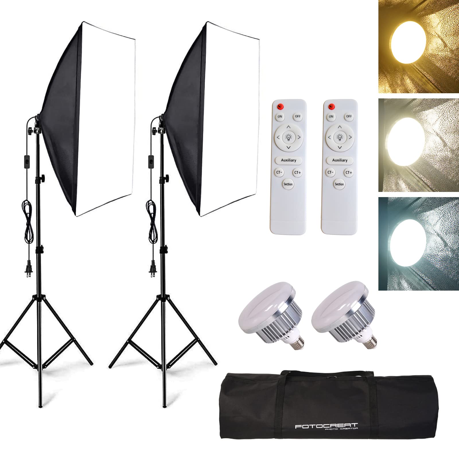 FOTOCREAT Softbox Photography Lighting Kit,19.7"X27.5" Professional Continuous Lighting System with 200W E27 Socket LED Bulbs and Remote,for Portrait Product Photo Studio Photography