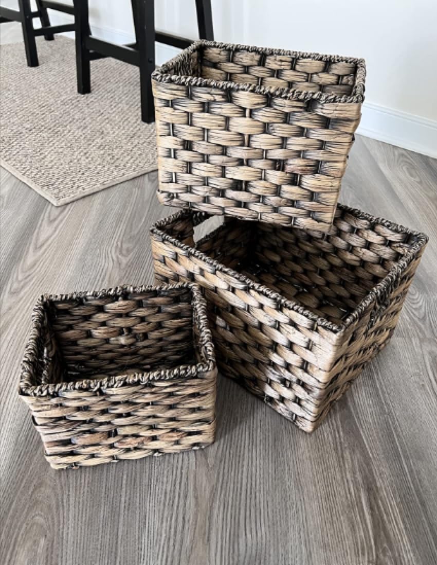 Decocoon Wicker Baskets 3 Pack, Rectangular Basket, Rattan Storage Basket, Wicker Basket with Handle, Wicker Storage Basket, Pantry Baskets Storage, Woven Baskets for Storage, Seagrass Storage Baskets