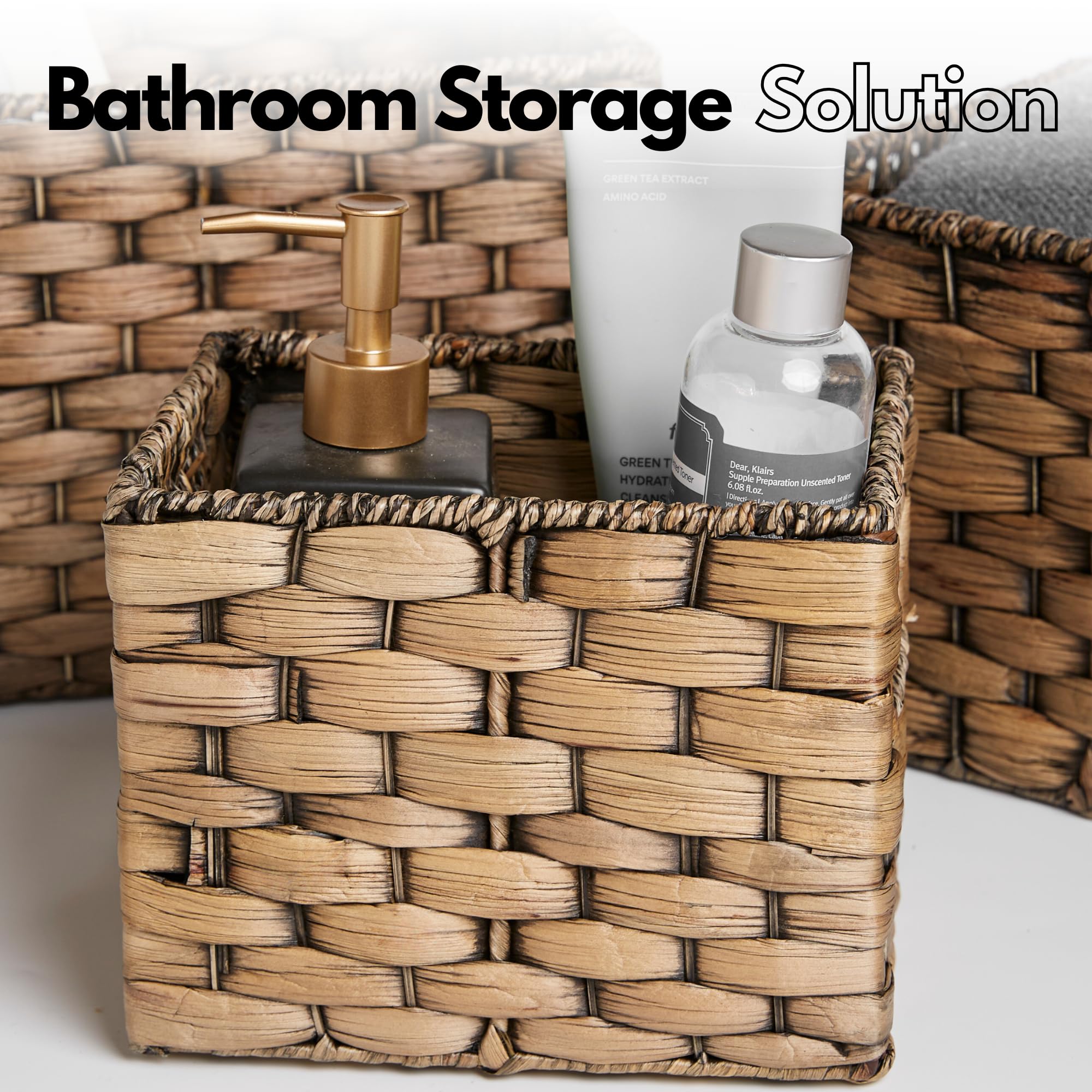 Decocoon Wicker Baskets 3 Pack, Rectangular Basket, Rattan Storage Basket, Wicker Basket with Handle, Wicker Storage Basket, Pantry Baskets Storage, Woven Baskets for Storage, Seagrass Storage Baskets