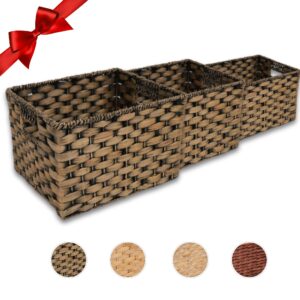 decocoon wicker baskets for organizing 3 pack, large and small wicker storage baskets set, decorative hand woven baskets for storage, water hyacinth storage baskets (natural asterisk weave)