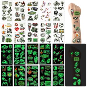 30 sheets soccer ball glow temporary tattoos stickers for kids, glow in the dark football tattoo stickers, soccer theme luminous temporary stickers for kids